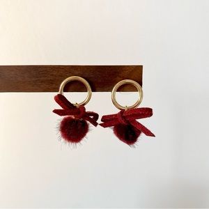 4/$15 Burgundy Rouge Red Puff Fuzzy Pom Pom Drop Earrings